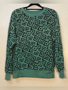 Teal Crewneck Sweater with Black Geometric Print